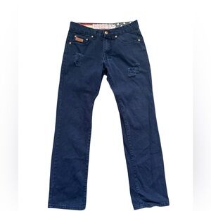 Winchester Embroidered Pocket Distressed Navy Blue Denim Men's Jeans Size 30